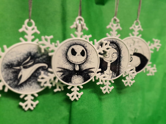 TNBC Nightmare Before Christmas, double sided metal snowflake decorations from hand drawn art