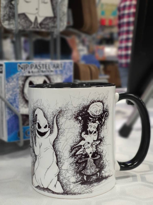 Nightmare Before Christmas (TBNC) mug of hand drawn Jack, Sally, Oogie Boogie, Lock, Shock and Barrell