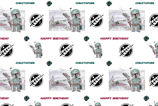 Boba Fett Star Wars Mandalorian personalised Wrapping paper, gift wrap with tags from hand drawn artwork with ribbon