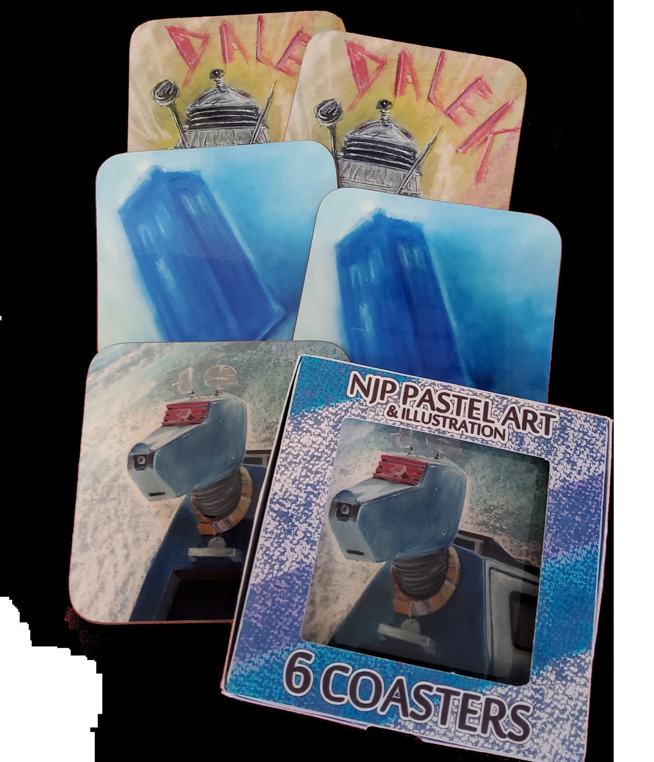 Doctor Who art coasters, Sci Fi beer mat, Dalek, K9, Tardis DW artwork inspired pastel original