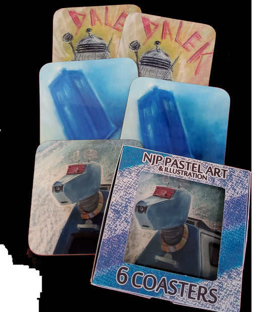 Doctor Who art coasters, Sci Fi beer mat, Dalek, K9, Tardis DW artwork inspired pastel original