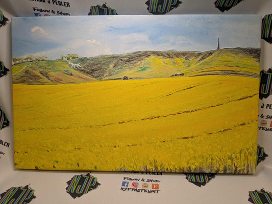 Cherhill White Horse and Monument Pastel artwork on Canvas, Wiltshire landscape art. Limited edition canvas print 16*10 inches
