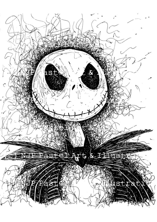 Jack Skellington Scroodle artwork print from hand drawn pen and ink originals