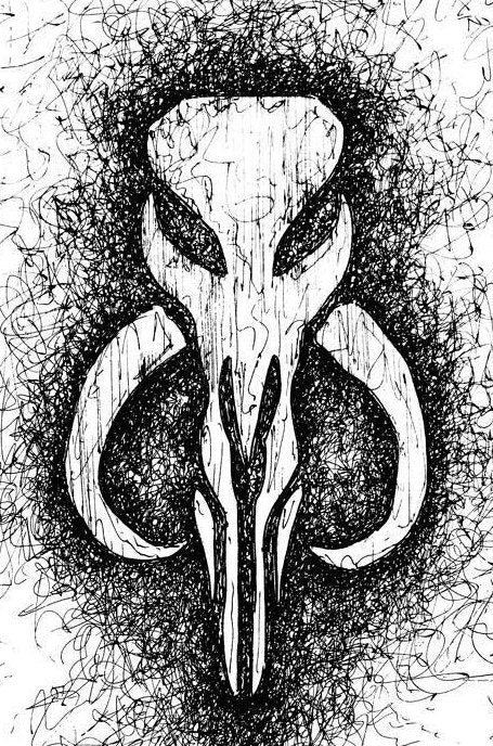 Star Wars t-shirt featuring the Mandalorian bantha skull logo as worn by Boba Fett. Hand drawn Bounty Hunter logo