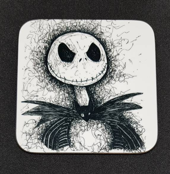 TNBC Nightmare Before Christmas coaster set, 6 NBX coasters, hand drawn originals of Jack, Sally, Zero, Oogie Boogie, Mayor and Classic Moon