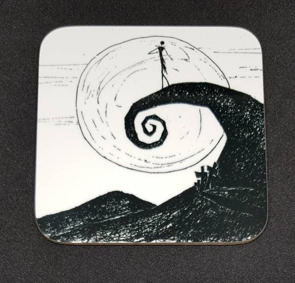 TNBC Nightmare Before Christmas coaster set, 6 NBX coasters, hand drawn originals of Jack, Sally, Zero, Oogie Boogie, Mayor and Classic Moon
