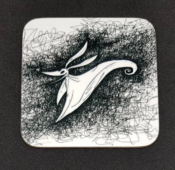 TNBC Nightmare Before Christmas coaster set, 6 NBX coasters, hand drawn originals of Jack, Sally, Zero, Oogie Boogie, Mayor and Classic Moon