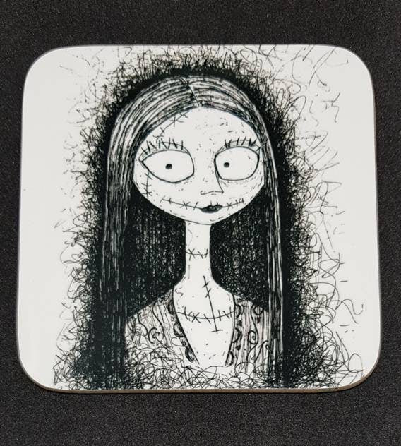 TNBC Nightmare Before Christmas coaster set, 6 NBX coasters, hand drawn originals of Jack, Sally, Zero, Oogie Boogie, Mayor and Classic Moon