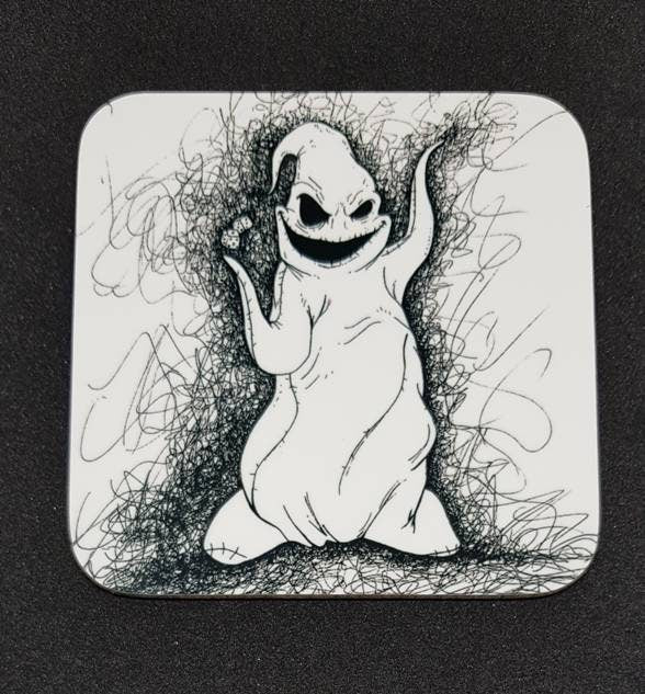TNBC Nightmare Before Christmas coaster set, 6 NBX coasters, hand drawn originals of Jack, Sally, Zero, Oogie Boogie, Mayor and Classic Moon