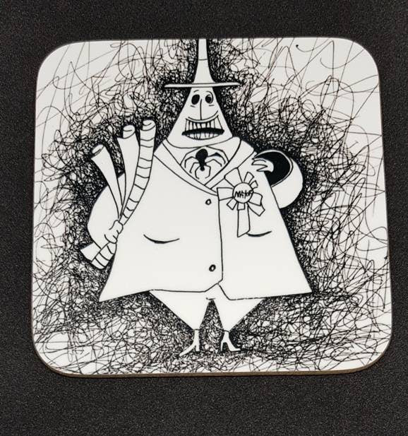 TNBC Nightmare Before Christmas coaster set, 6 NBX coasters, hand drawn originals of Jack, Sally, Zero, Oogie Boogie, Mayor and Classic Moon