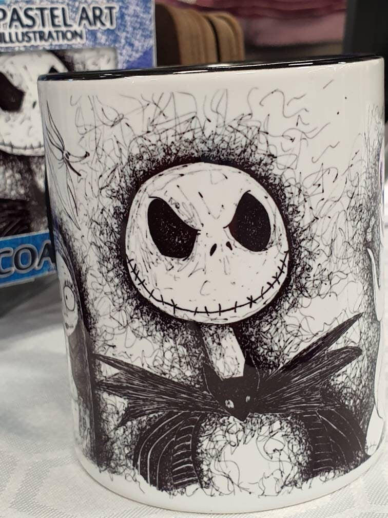 Nightmare Before Christmas (TBNC) mug of hand drawn Jack, Sally, Oogie Boogie, Lock, Shock and Barrell
