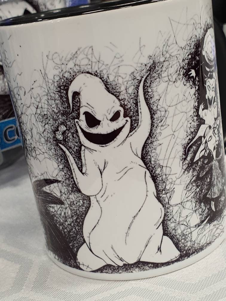 Nightmare Before Christmas (TBNC) mug of hand drawn Jack, Sally, Oogie Boogie, Lock, Shock and Barrell