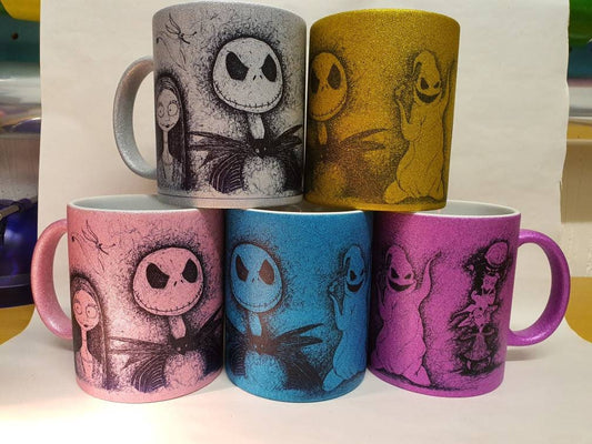 Glitter mug TNBC hand drawn Jack, Sally, Zero, Oogie Boogie, Lock, Shock & Barrell