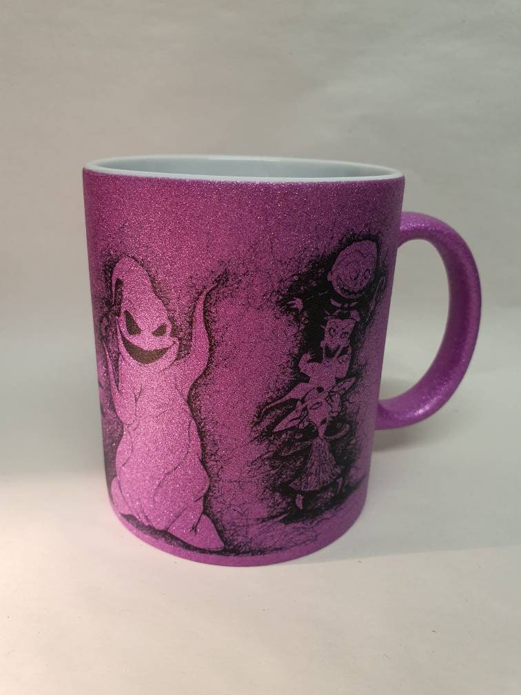 Glitter mug TNBC hand drawn Jack, Sally, Zero, Oogie Boogie, Lock, Shock & Barrell