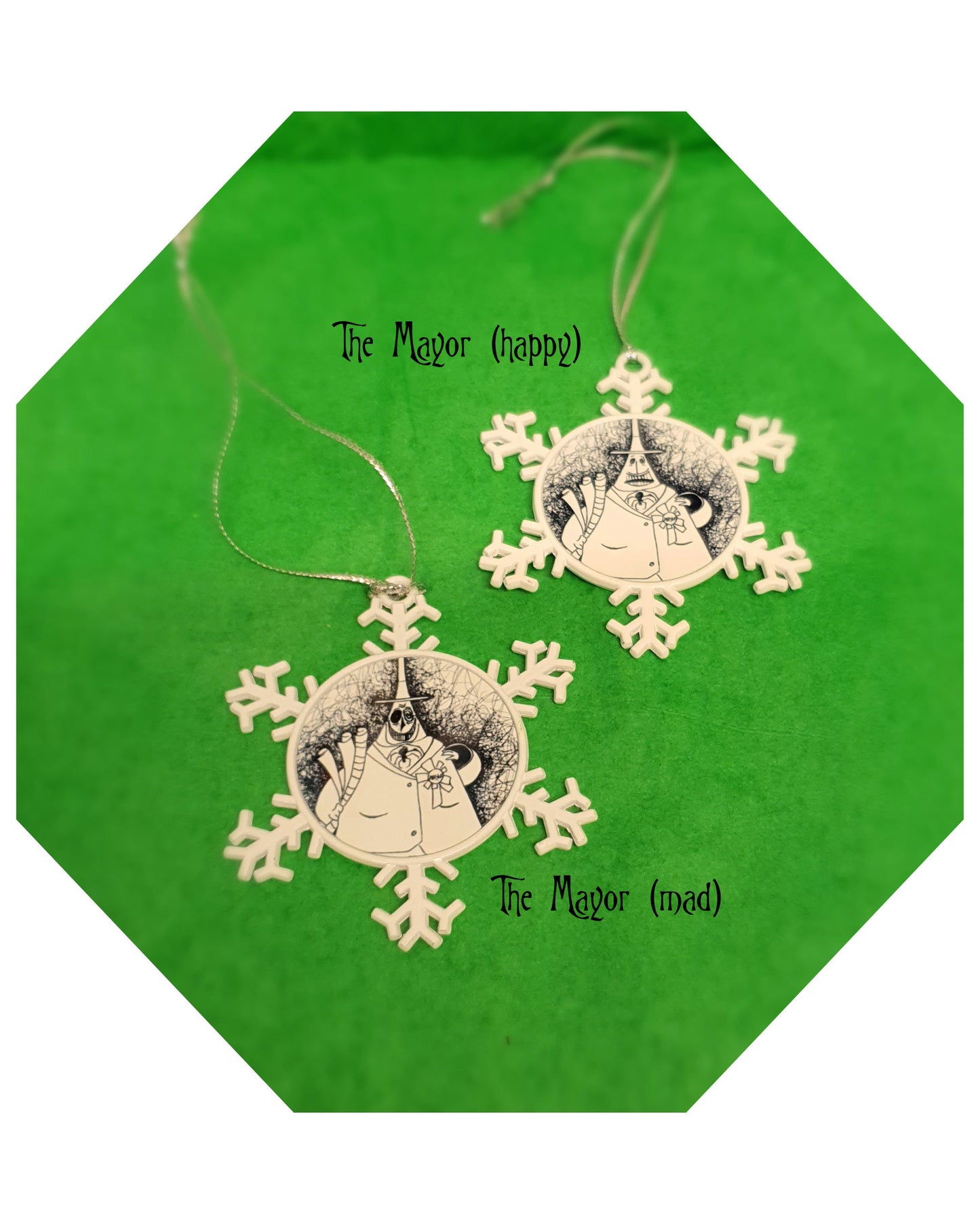 TNBC Nightmare Before Christmas, double sided metal snowflake decorations from hand drawn art