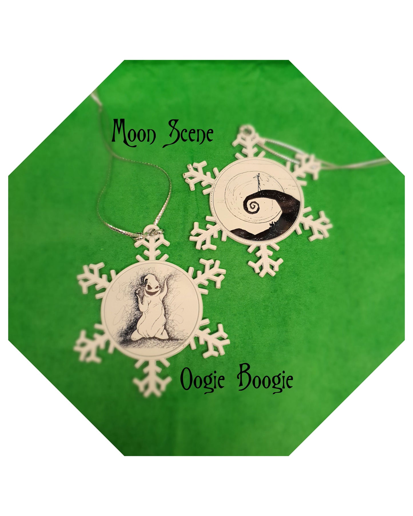 TNBC Nightmare Before Christmas, double sided metal snowflake decorations from hand drawn art