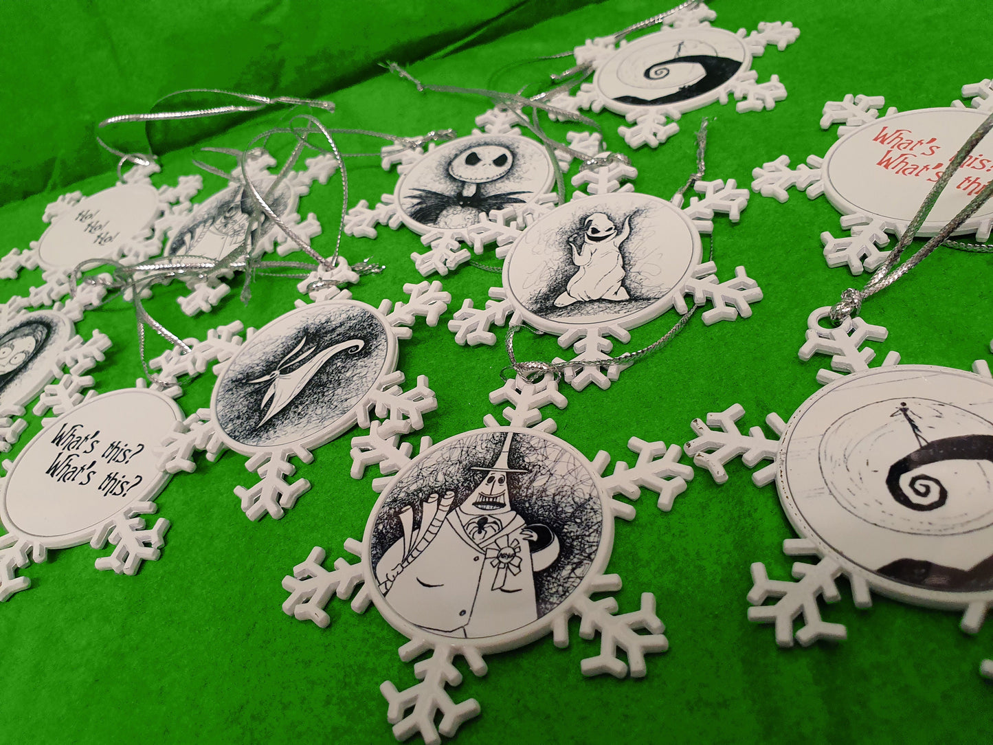 TNBC Nightmare Before Christmas, double sided metal snowflake decorations from hand drawn art