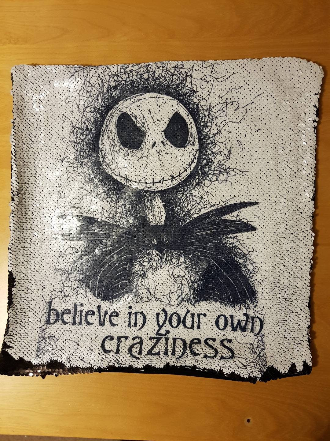 Nightmare before Christmas TNBC sequin mermaid cushion with Jack or Sally. Can be personalised