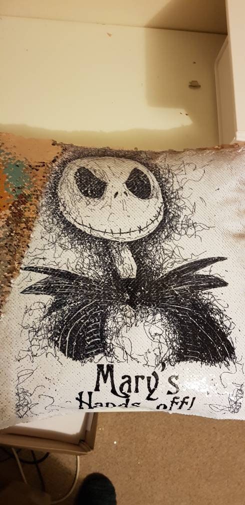 Nightmare before Christmas TNBC sequin mermaid cushion with Jack or Sally. Can be personalised