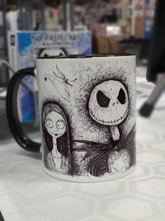 Nightmare Before Christmas (TBNC) mug of hand drawn Jack, Sally, Oogie Boogie, Lock, Shock and Barrell