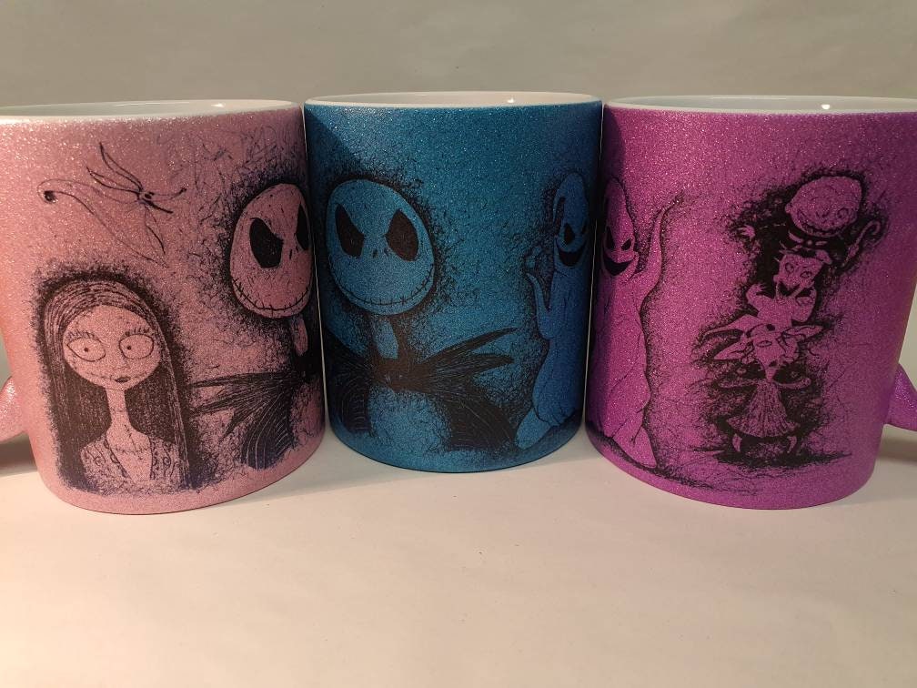 Glitter mug TNBC hand drawn Jack, Sally, Zero, Oogie Boogie, Lock, Shock & Barrell