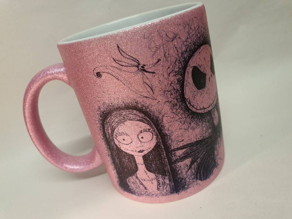 Glitter mug TNBC hand drawn Jack, Sally, Zero, Oogie Boogie, Lock, Shock & Barrell
