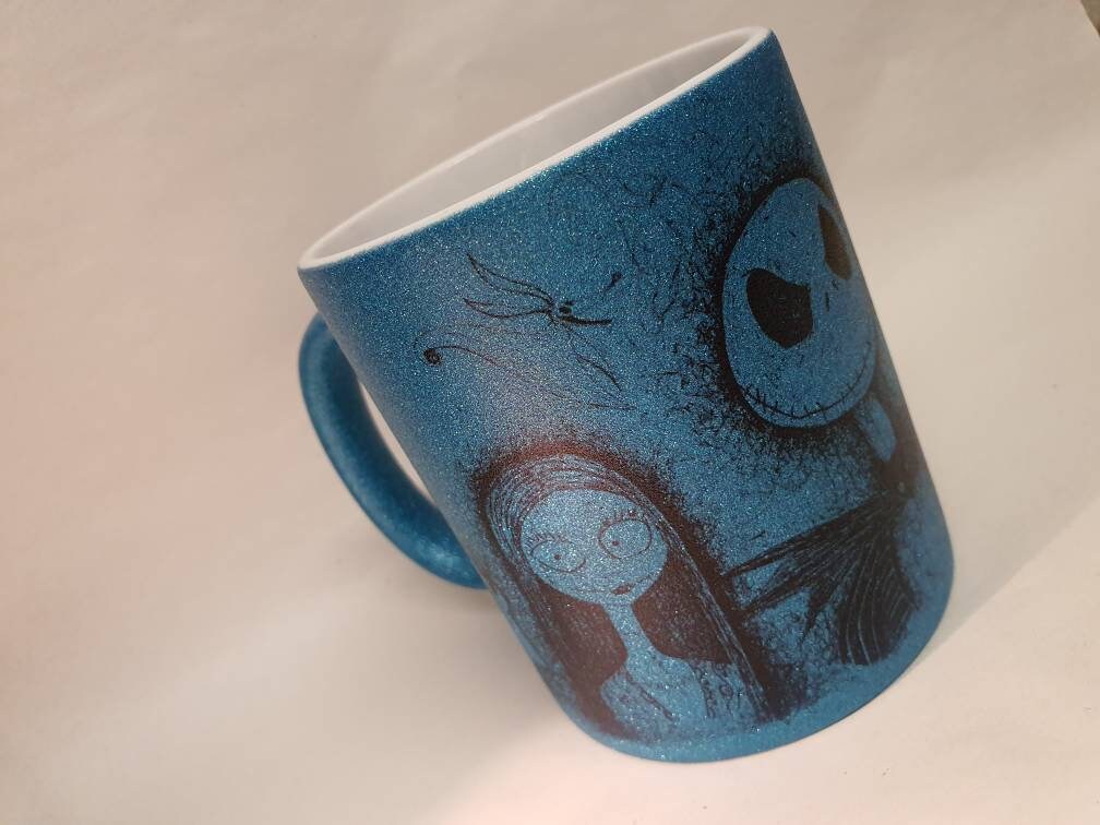 Glitter mug TNBC hand drawn Jack, Sally, Zero, Oogie Boogie, Lock, Shock & Barrell