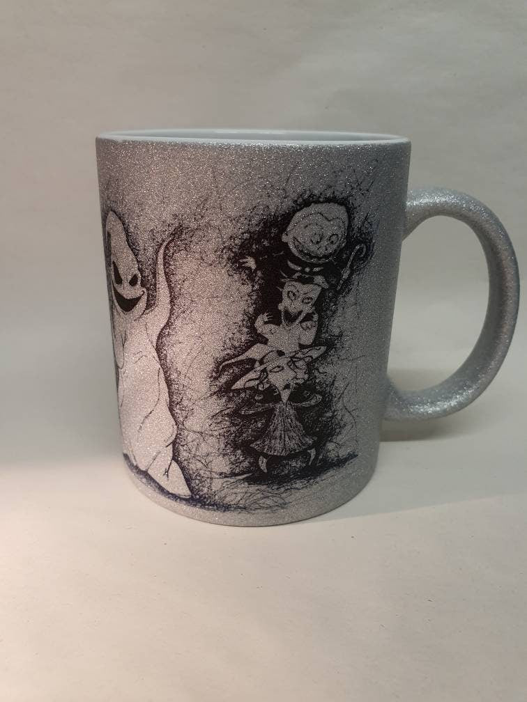 Glitter mug TNBC hand drawn Jack, Sally, Zero, Oogie Boogie, Lock, Shock & Barrell