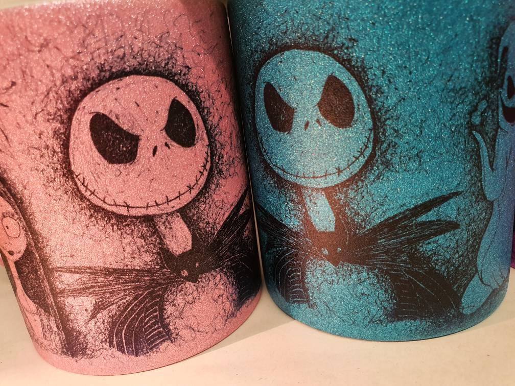 Glitter mug TNBC hand drawn Jack, Sally, Zero, Oogie Boogie, Lock, Shock & Barrell