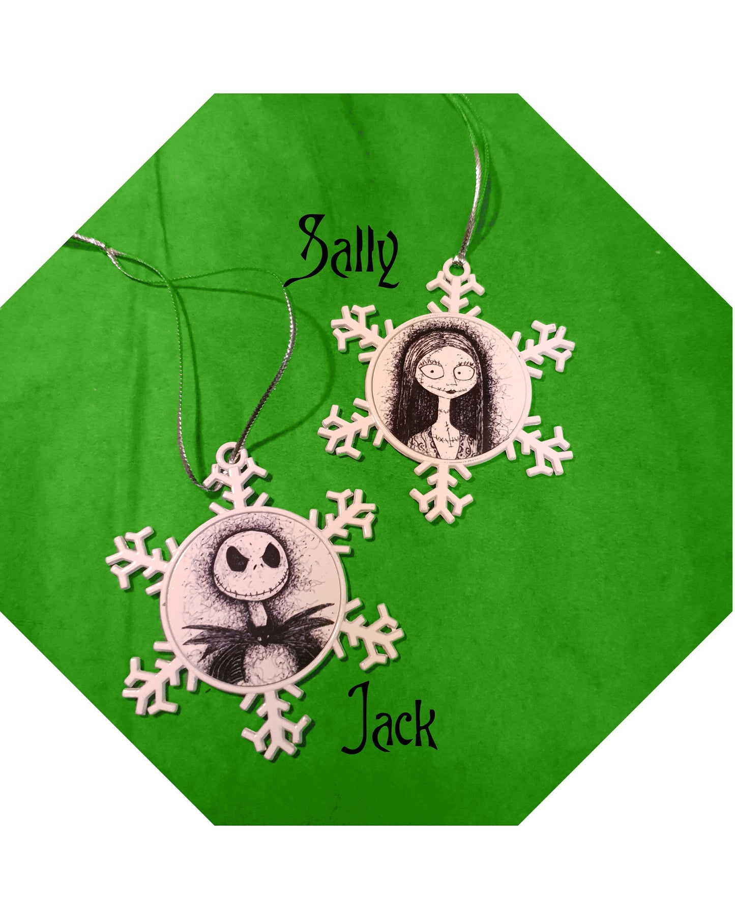TNBC Nightmare Before Christmas, double sided metal snowflake decorations from hand drawn art