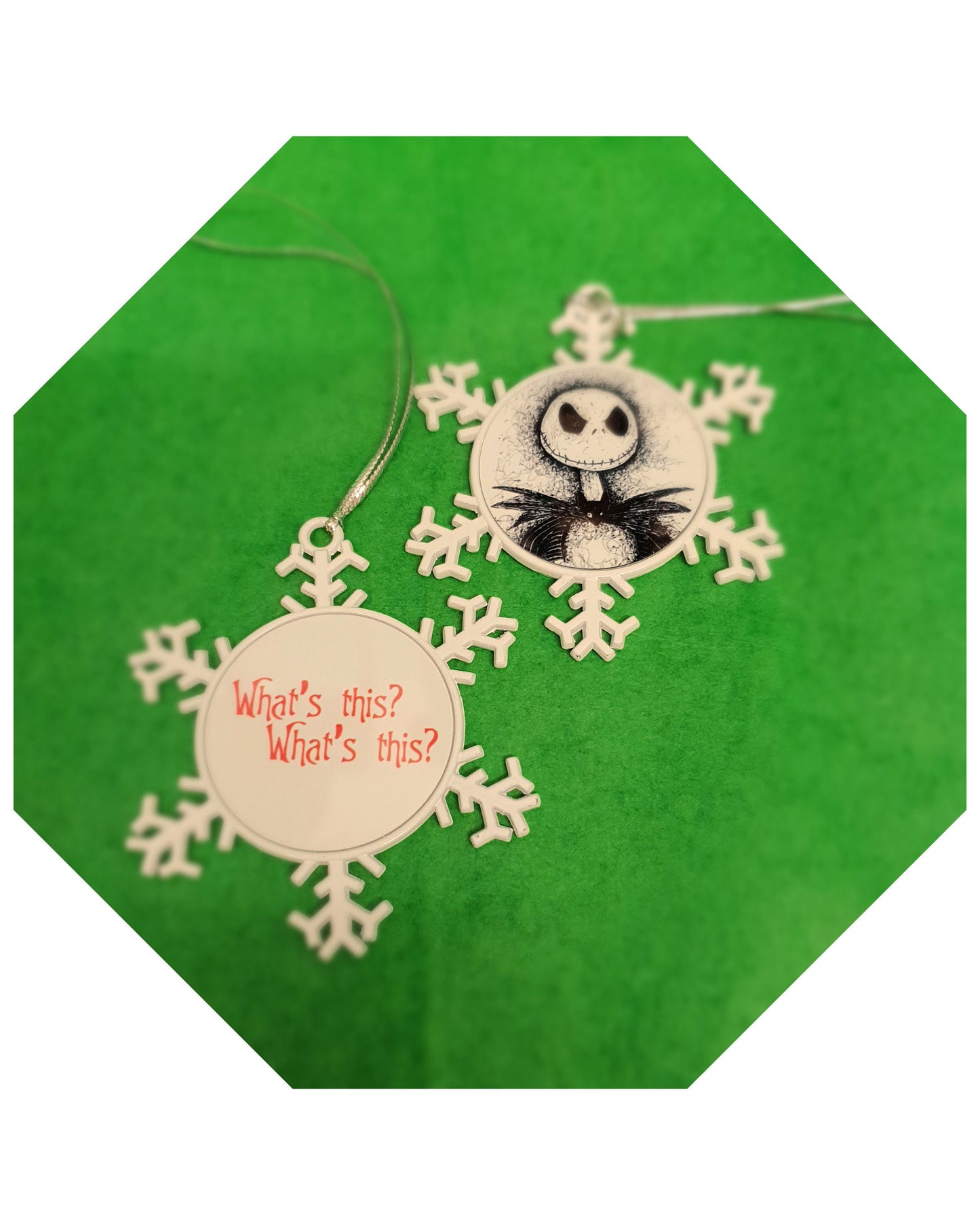 TNBC Nightmare Before Christmas, double sided metal snowflake decorations from hand drawn art
