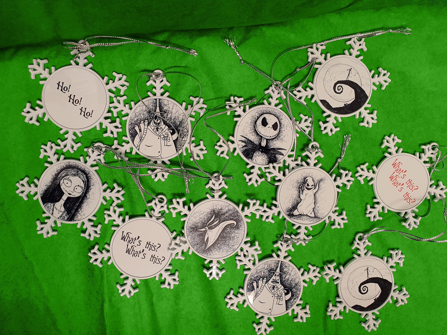 TNBC Nightmare Before Christmas, double sided metal snowflake decorations from hand drawn art
