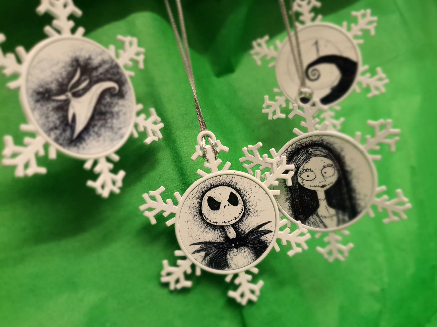 TNBC Nightmare Before Christmas, double sided metal snowflake decorations from hand drawn art