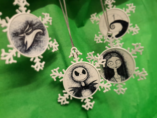 TNBC Nightmare Before Christmas, double sided metal snowflake decorations from hand drawn art