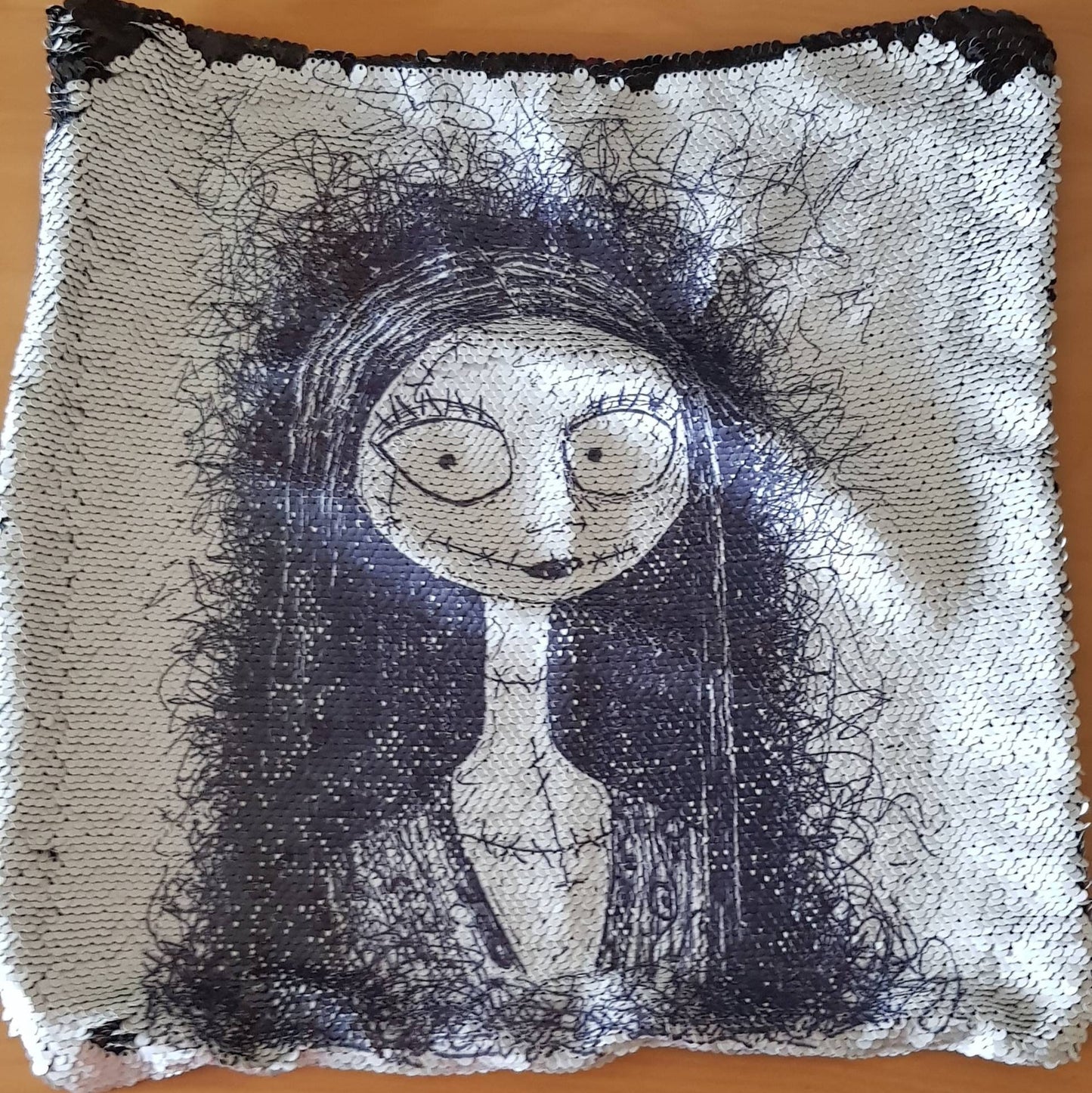 Nightmare before Christmas TNBC sequin mermaid cushion with Jack or Sally. Can be personalised