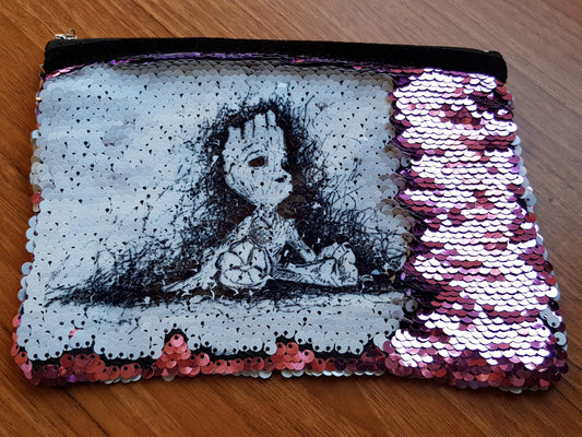 Groot sequin pouch, make up bag, pencil case in pink blue or black