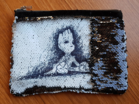 Groot sequin pouch, make up bag, pencil case in pink blue or black