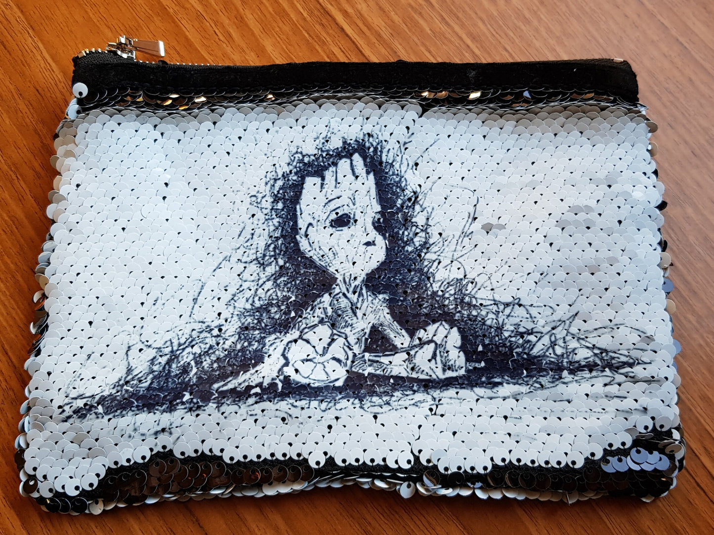 Groot sequin pouch, make up bag, pencil case in pink blue or black