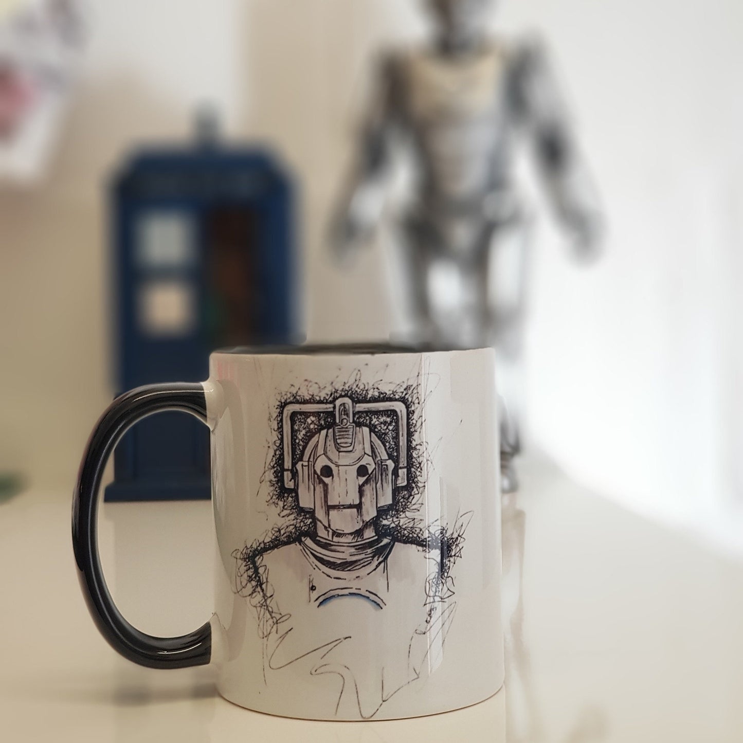 Cyberman mug from hand drawn artwork. An alternative gift for the Dr Who fan who has everything