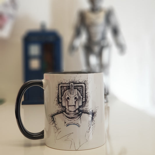 Cyberman mug from hand drawn artwork. An alternative gift for the Dr Who fan who has everything
