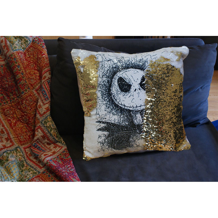 Nightmare before Christmas TNBC sequin mermaid cushion with Jack or Sally. Can be personalised