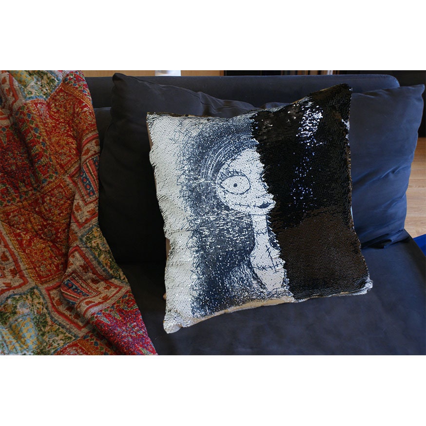Nightmare before Christmas TNBC sequin mermaid cushion with Jack or Sally. Can be personalised