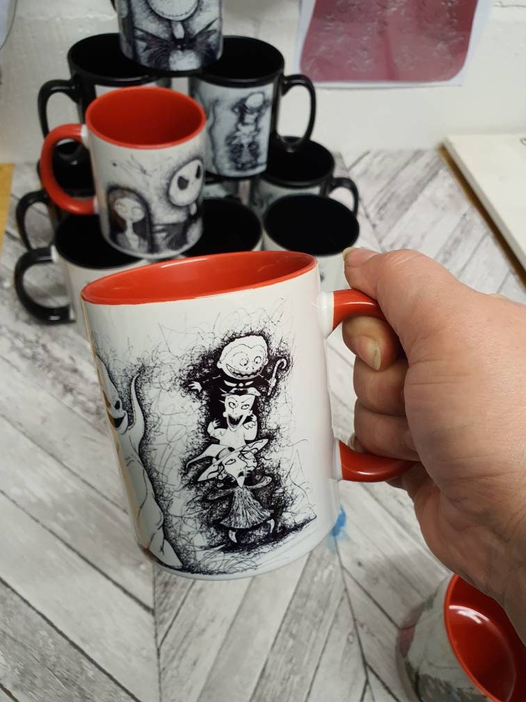 Nightmare Before Christmas (TBNC) mug of hand drawn Jack, Sally, Oogie Boogie, Lock, Shock and Barrell