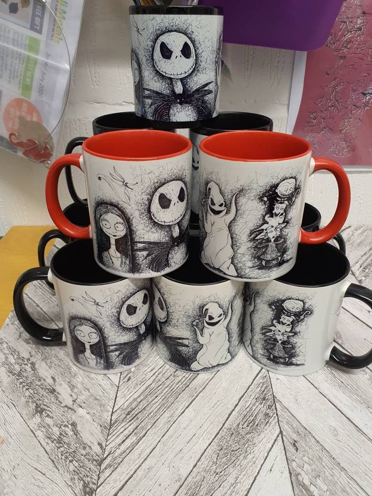 Nightmare Before Christmas (TBNC) mug of hand drawn Jack, Sally, Oogie Boogie, Lock, Shock and Barrell