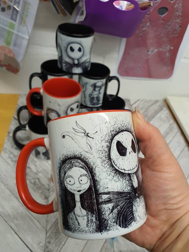 Nightmare Before Christmas (TBNC) mug of hand drawn Jack, Sally, Oogie Boogie, Lock, Shock and Barrell