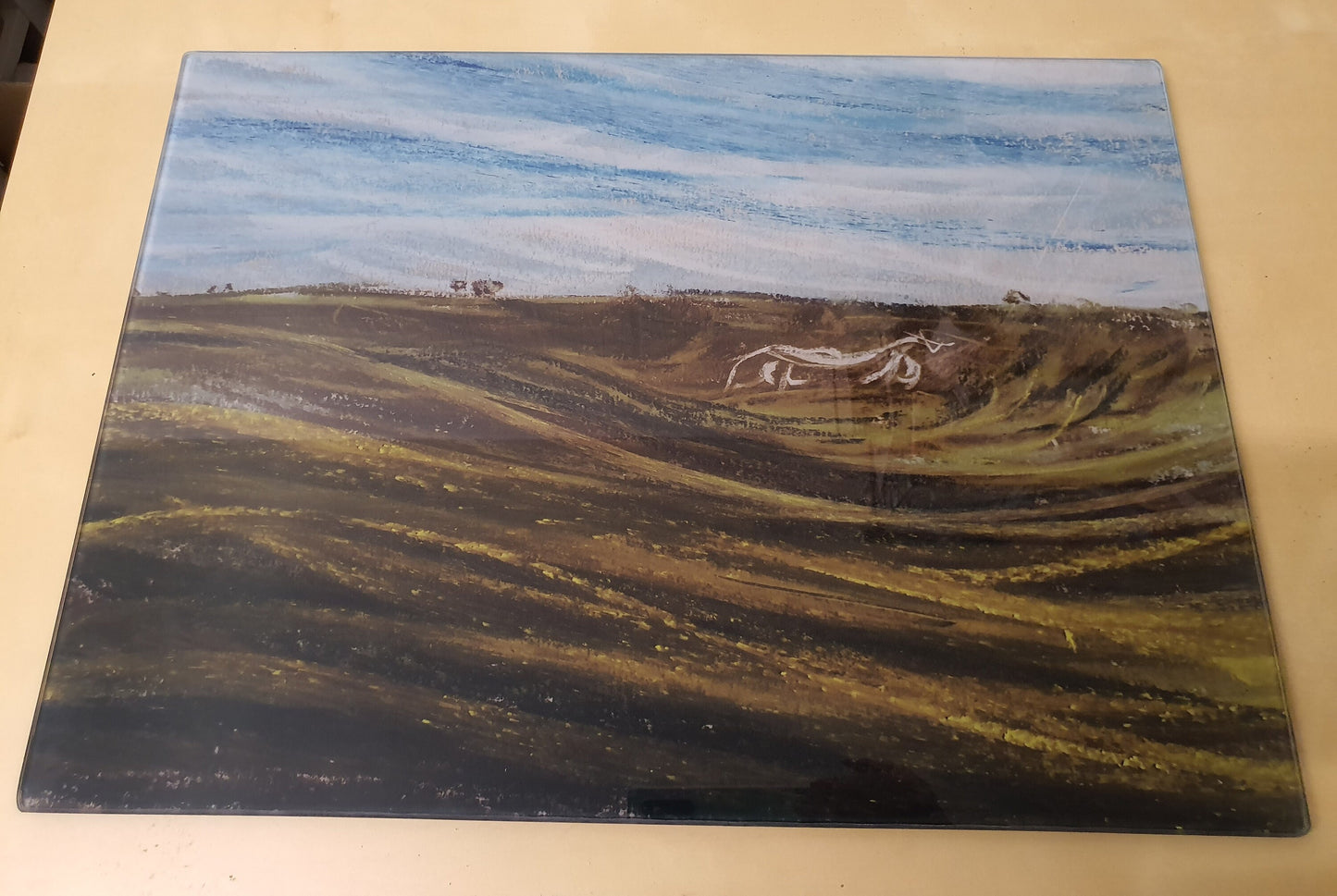 Wiltshire White Horse chopping board, The Ridgeway, scenery original pastel art glass  cutting board worktop saver countertop protector