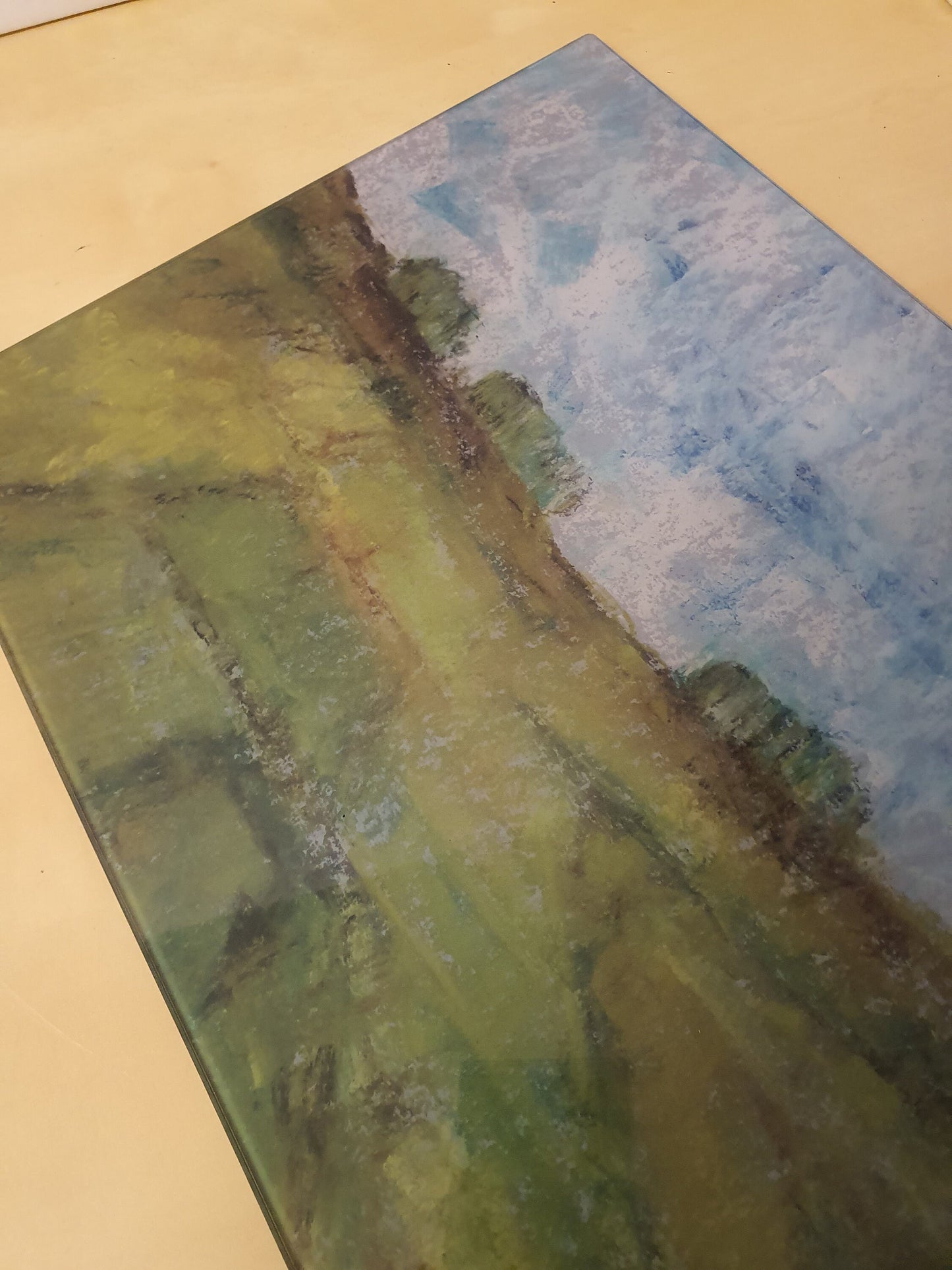 Wiltshire White Horse chopping board, The Ridgeway, scenery original pastel art glass  cutting board worktop saver countertop protector