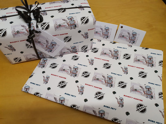 Boba Fett Star Wars Mandalorian Wrapping paper, gift wrap with tags from hand drawn artwork