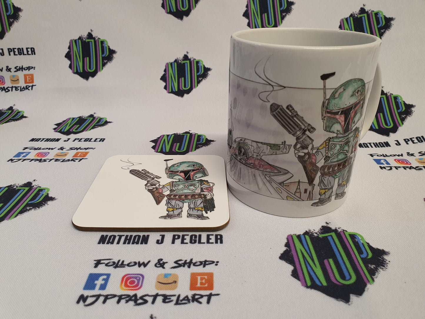 Boba Fett Star Wars Mandalorian mug and coaster set, from hand drawn artwork. Can be personalised
