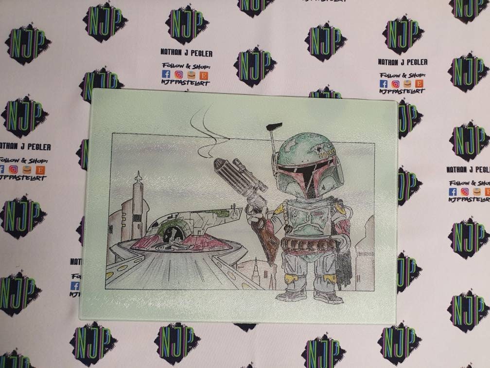 Boba Fett Star Wars Chopping Cutting board worktop saver from original hand drawing